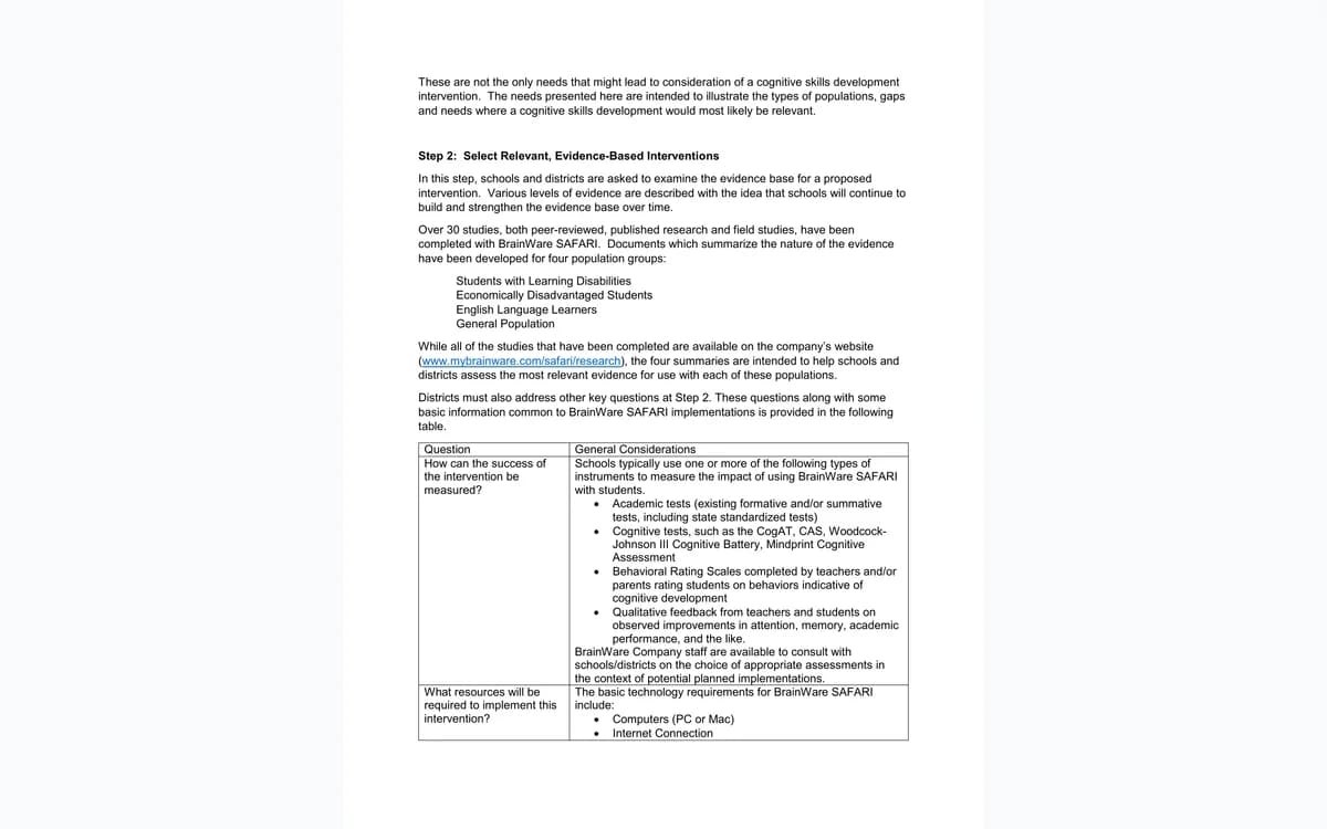 BrainWare SAFARI implementation models and coaching protocol