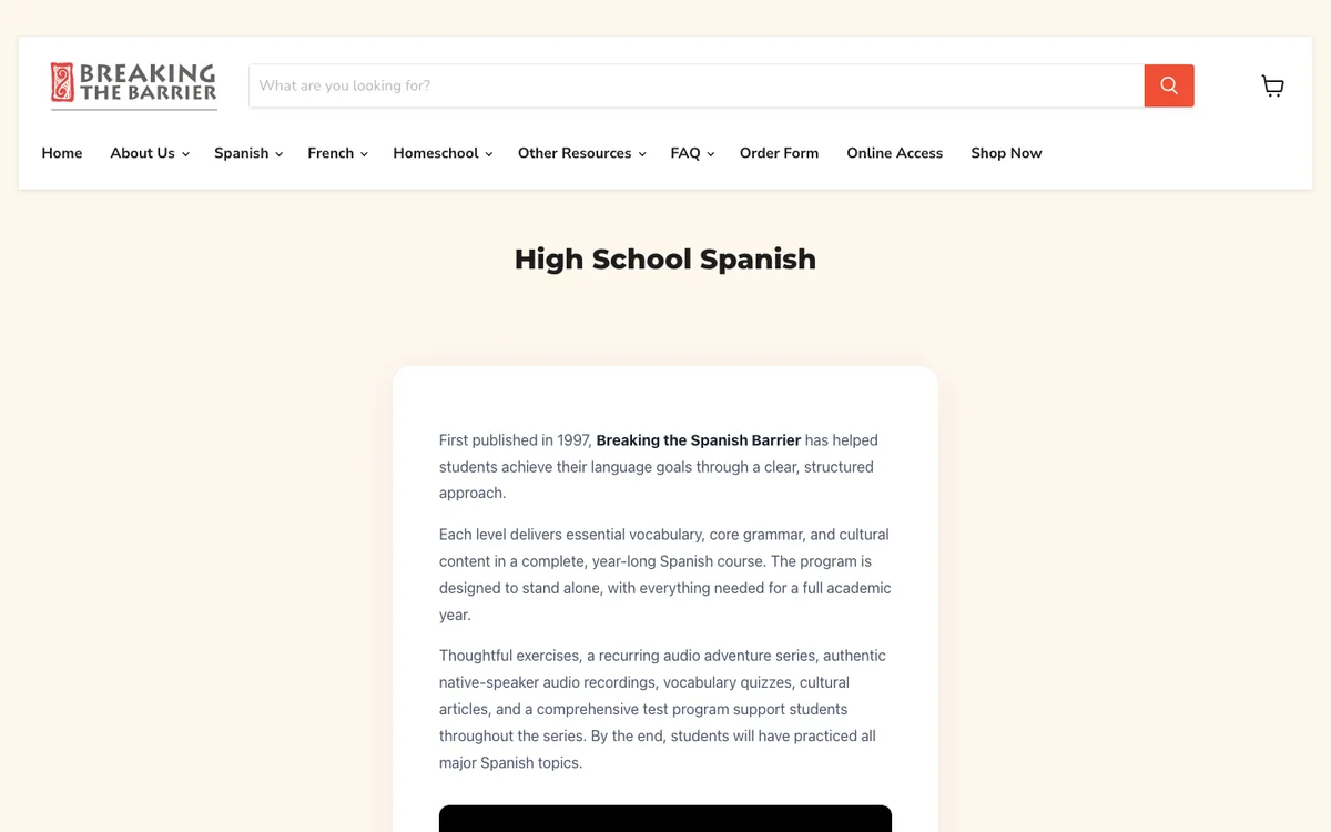 Breaking the Barrier Spanish course levels and online platform