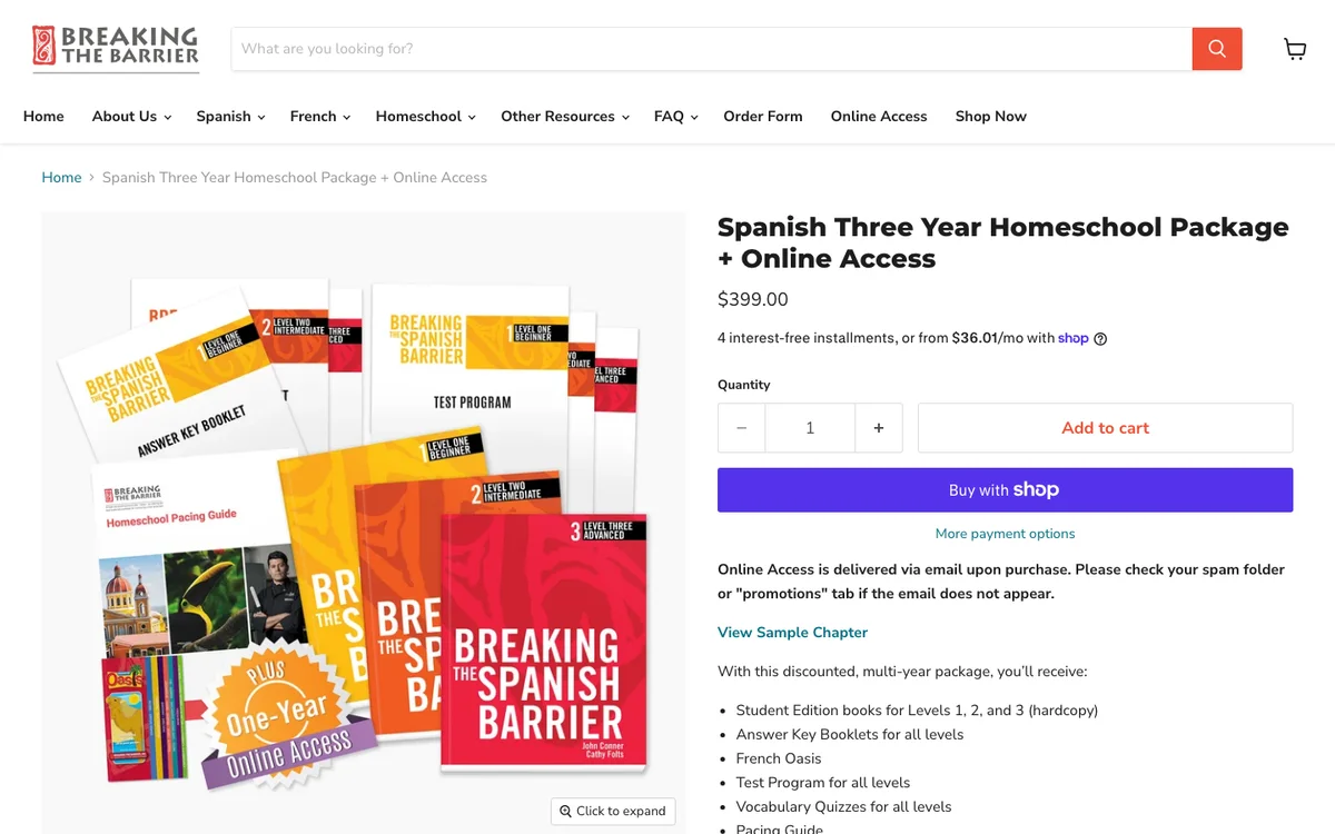 Breaking the Barrier three-year Spanish homeschool package