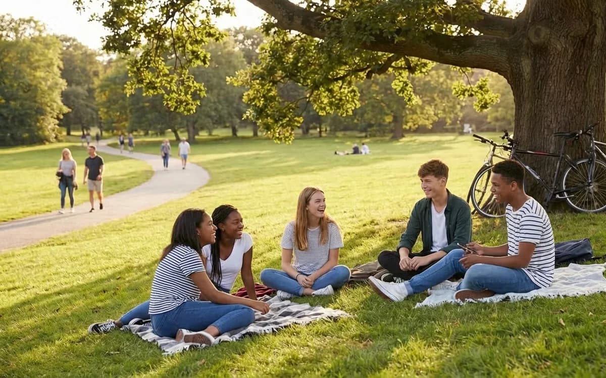 A group of teenagers sitting on the grass in a sunny park, talking and laughing together.