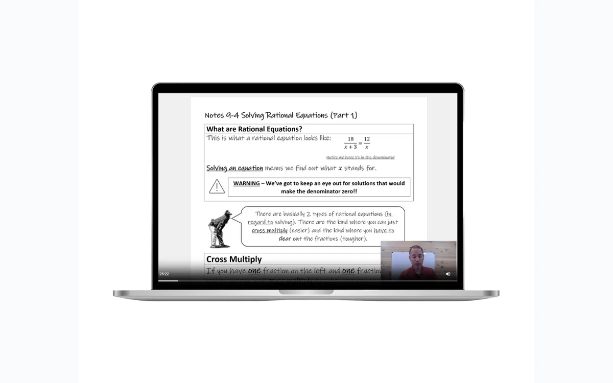 Denison Algebra video lesson and printed notes on a laptop