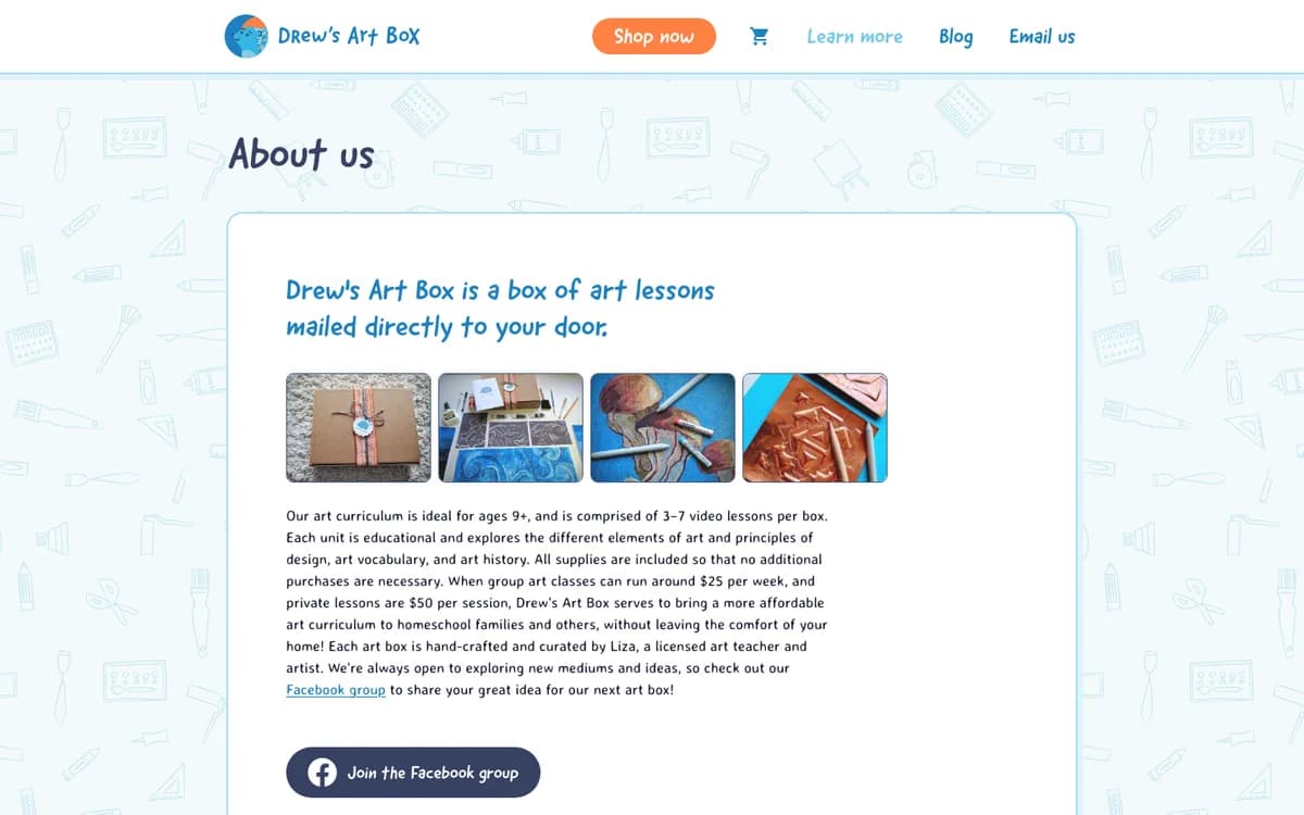 Inside Drew's Art Box lessons and supplies