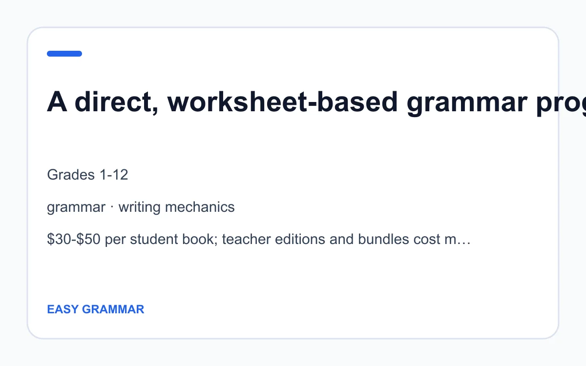 Easy Grammar age, subject and pricing summary created by Homeschool Best