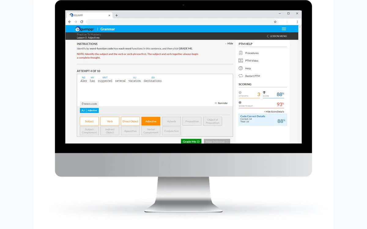 EGUMPP online grammar lesson and mastery-test interface