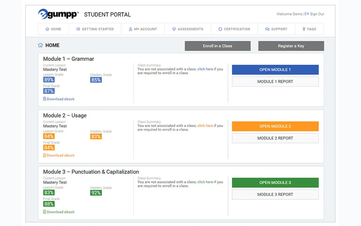EGUMPP student portal showing modules and progress