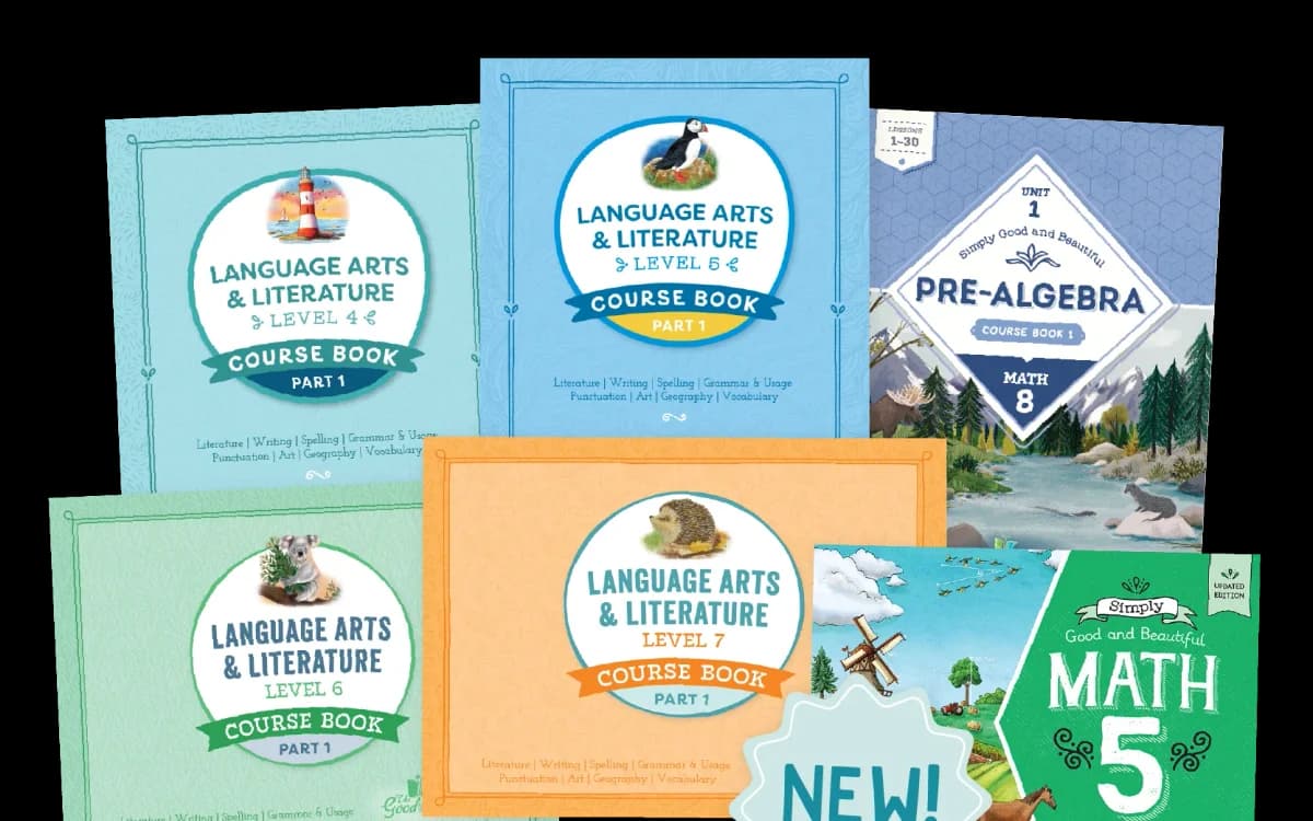 A collage of the new courses of language arts and math homeschool curriculum | The Good and the Beautiful