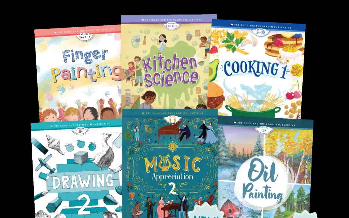 A collage of the homeschool electives with two stickers that say "New!" | The Good and the Beautiful