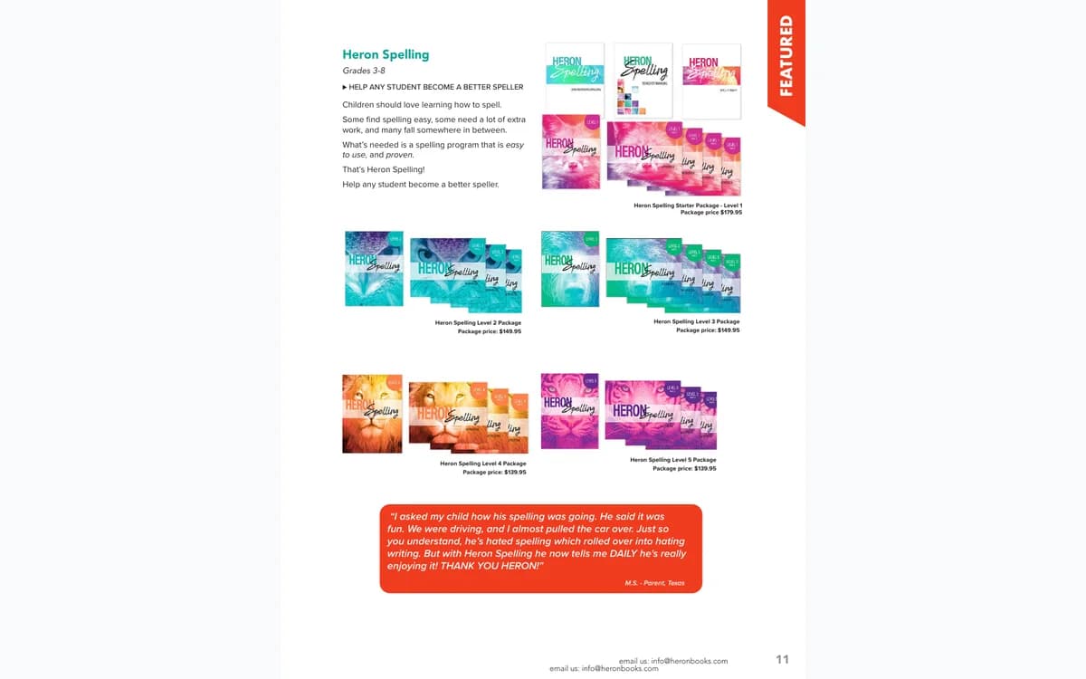 Heron Books spelling and science curriculum catalog