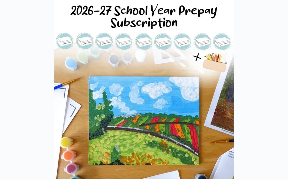Lesson, art prints, instructions, and project supplies inside Homeschool Art Box