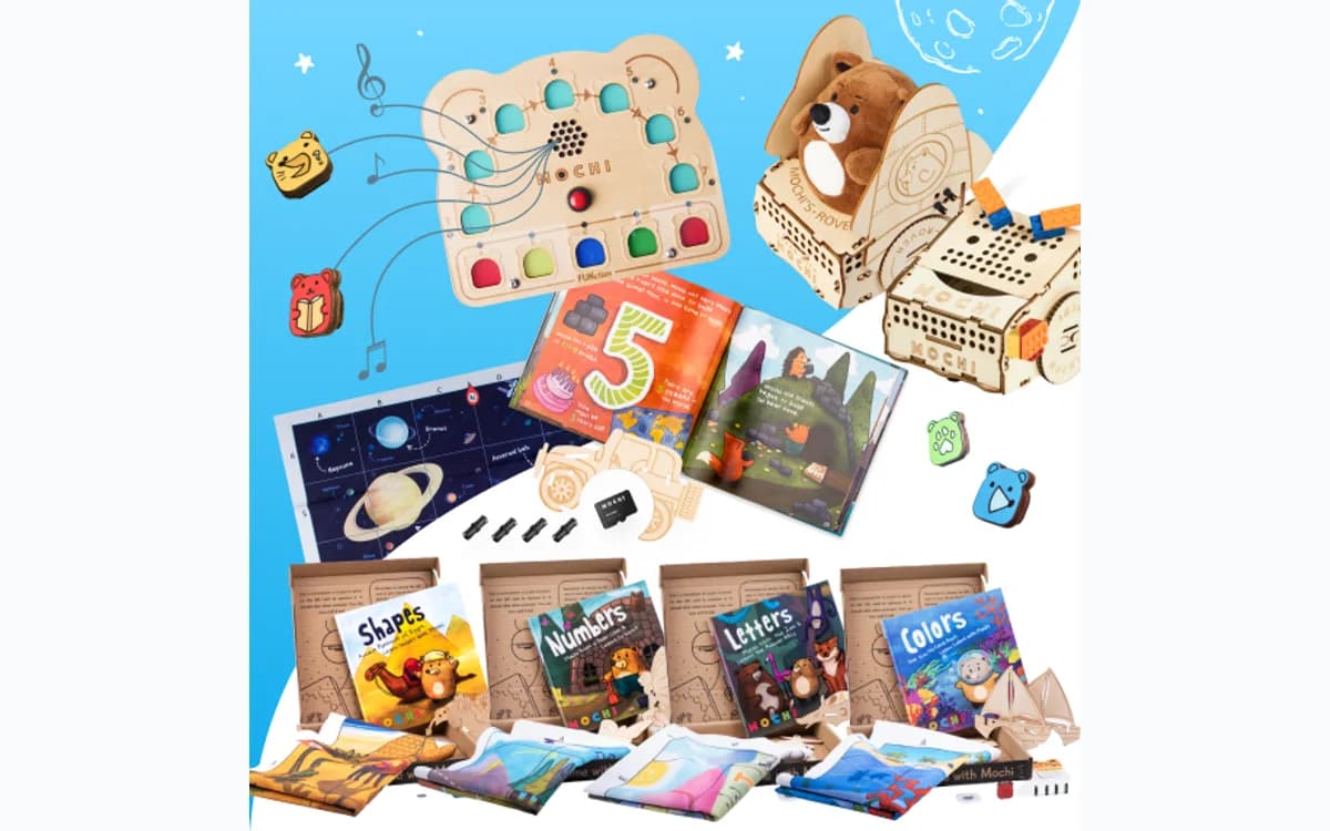 Mochi coding robot, tactile board, blocks, maps, and story adventures