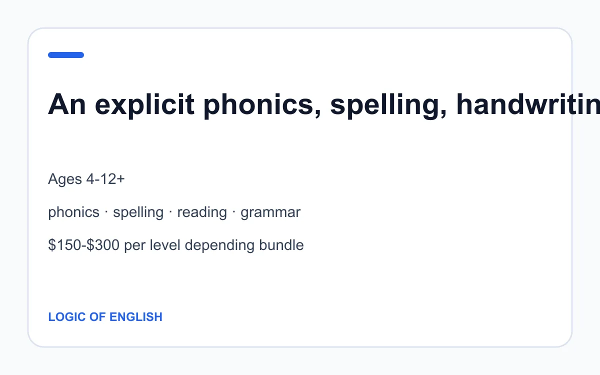 Logic of English age, subject and pricing summary created by Homeschool Best