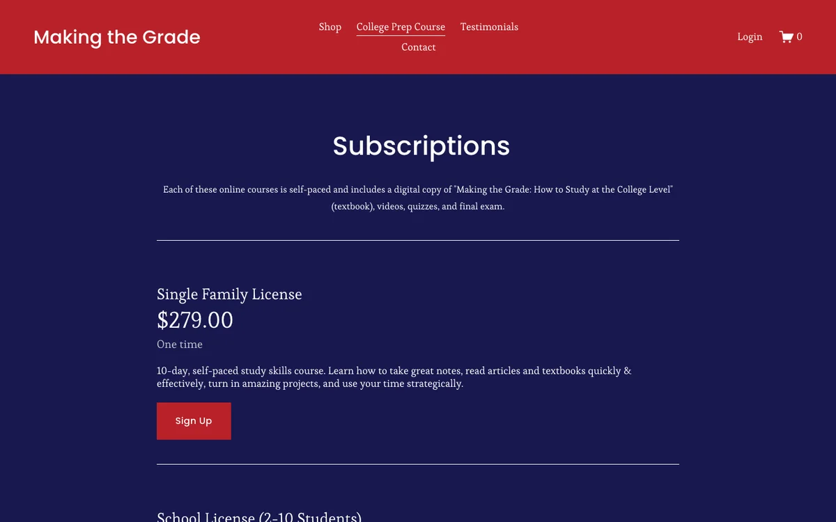 Making the Grade family course pricing