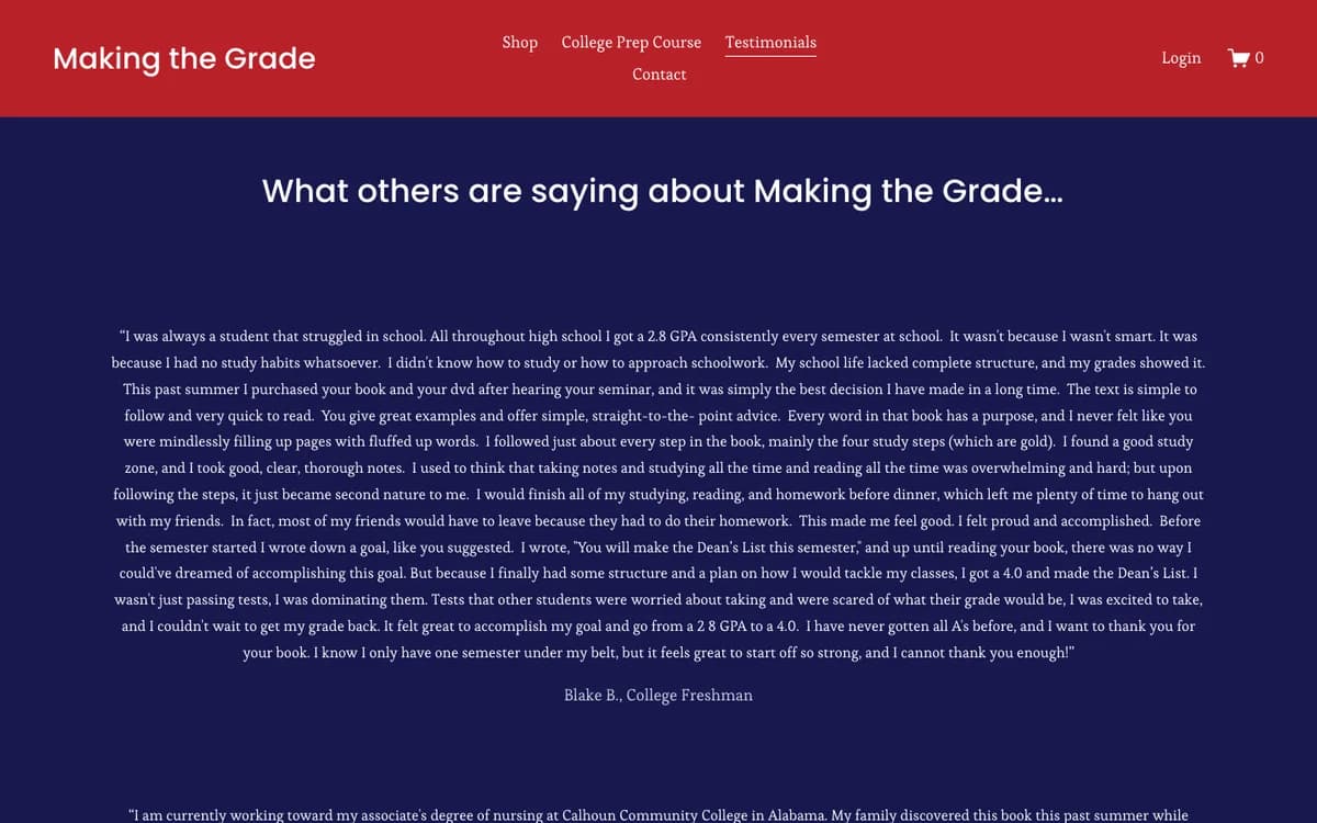 Making the Grade learner and parent testimonials