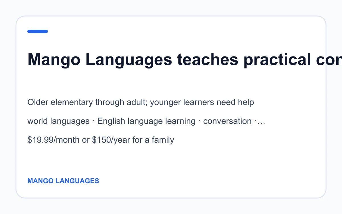 Mango Languages age, subject and pricing summary created by Homeschool Best