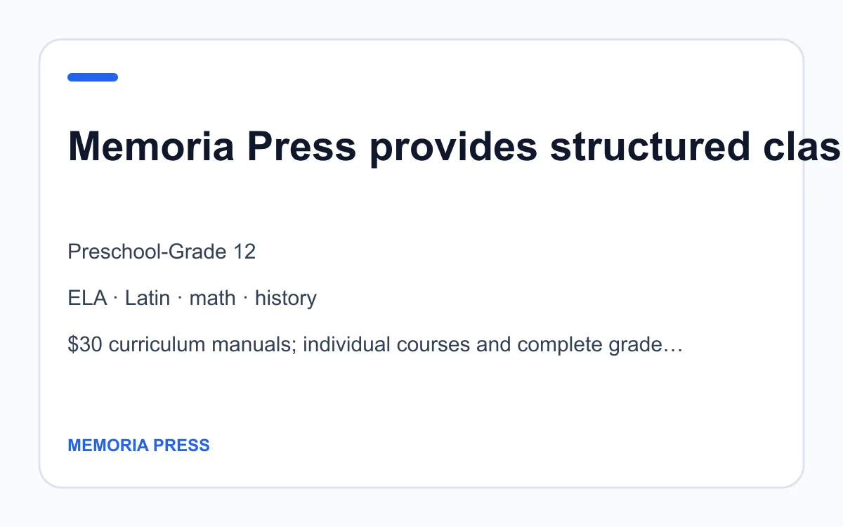 Memoria Press age, subject and pricing summary created by Homeschool Best