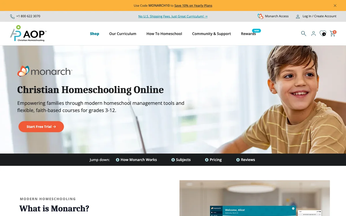 Monarch (Alpha Omega Publications) official website and product experience