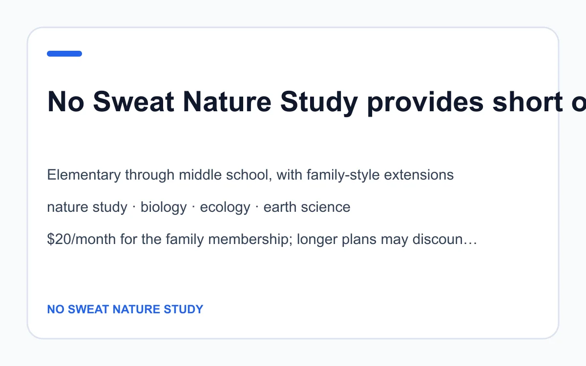 No Sweat Nature Study age, subject and pricing summary created by Homeschool Best