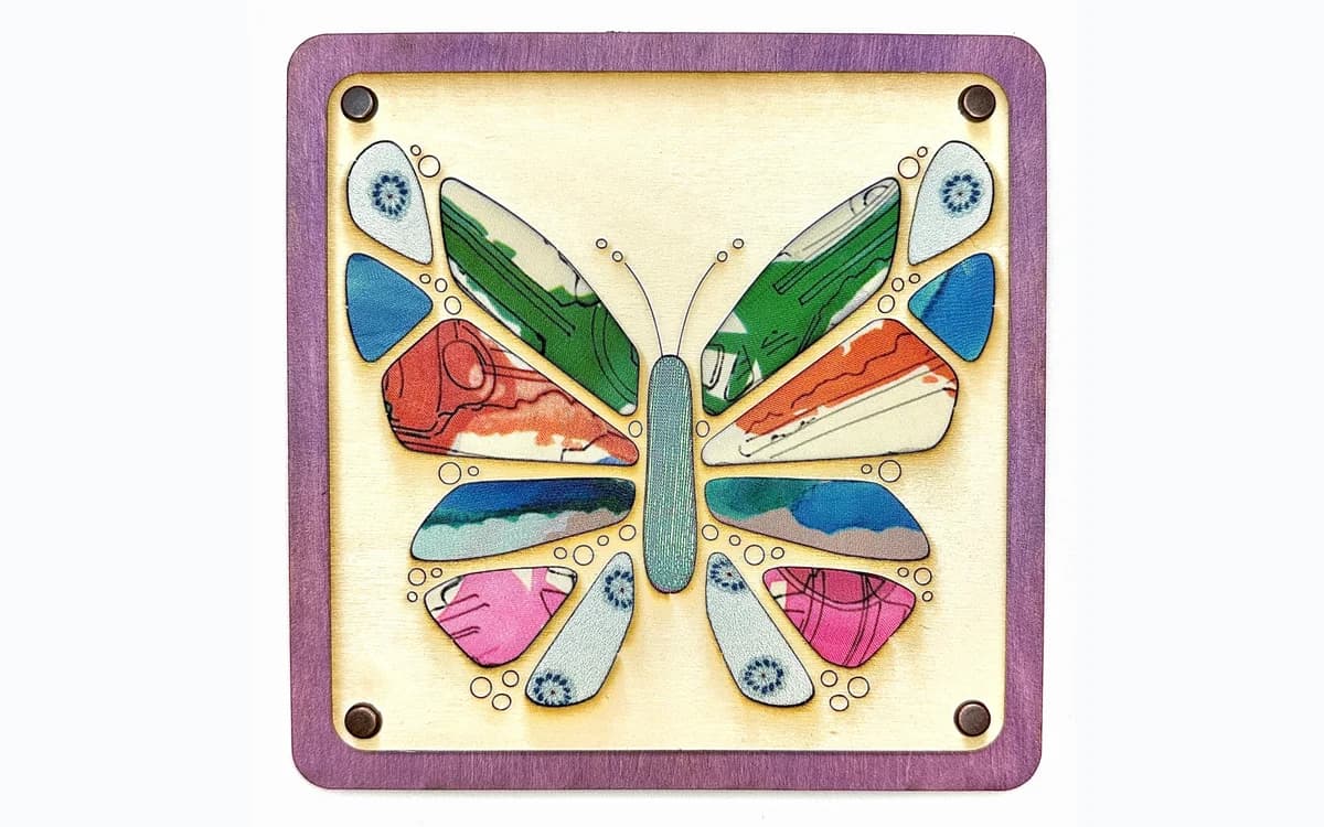 Completed Picto Kits butterfly fabric-and-wood artwork