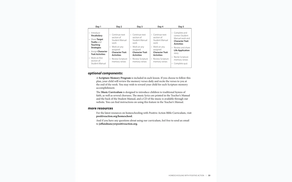 Positive Action five-day homeschool lesson schedule