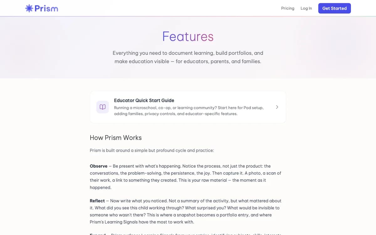 Prism family portfolio, transcript and reporting features