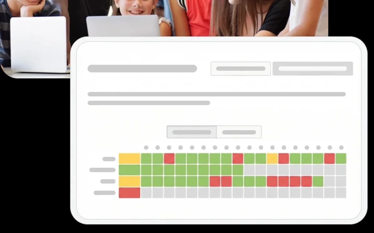 Photograph of a smiling teacher and students looking at a screen in a classroom, overlaid with a tablet interface displaying a color-coded Assignment Report.