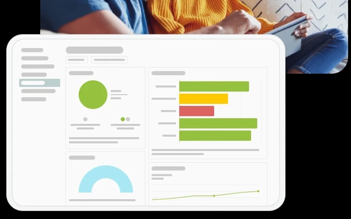 Photograph of a parent and child sitting on a sofa looking at a tablet, overlaid with an interface displaying a detailed Student Report with progress charts.