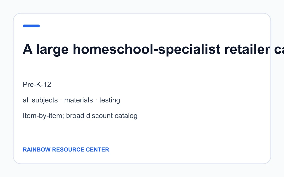 Rainbow Resource Center age, subject and pricing summary created by Homeschool Best
