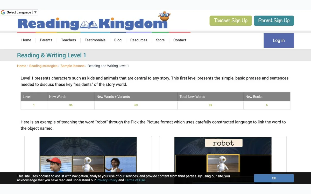 Reading Kingdom Level 1 lesson examples