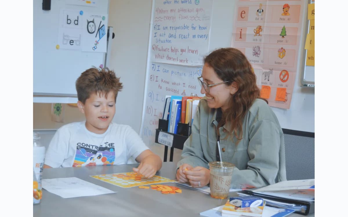 A Redwood Literacy student and specialist playing a phonics game