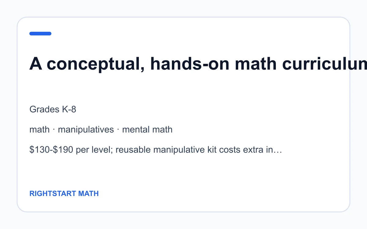RightStart Math age, subject and pricing summary created by Homeschool Best