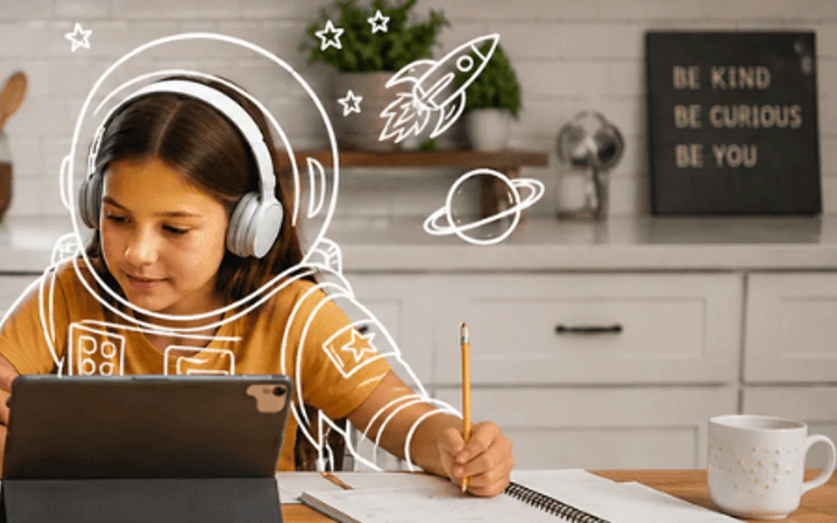 A mom helping two kids learn online with laptops and tablets at the kitchen table