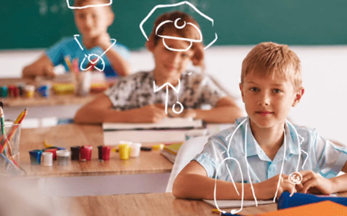 Students focused at their desks in a classroom, each imagining a different future career