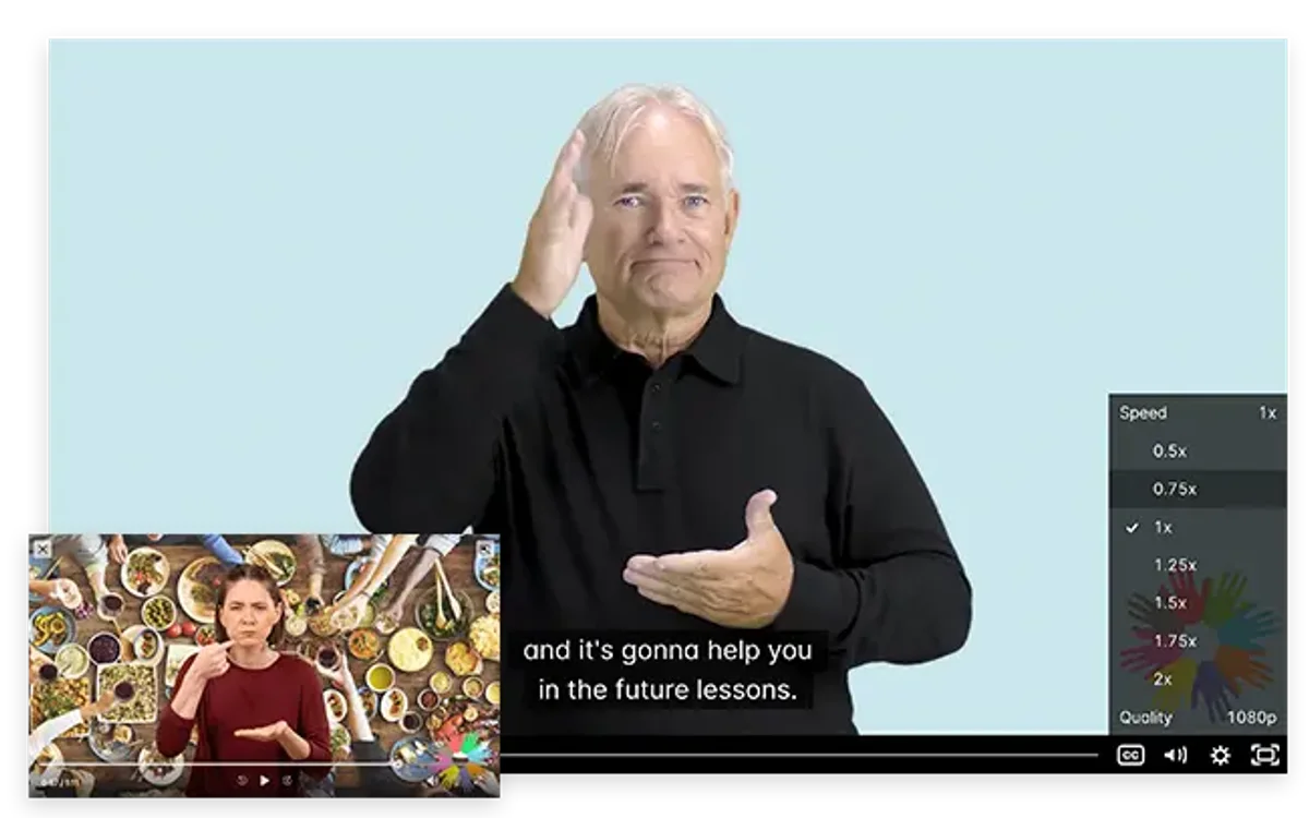 ASL video course player showing captions and playback controls