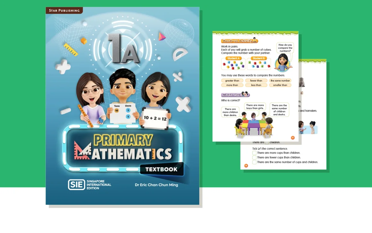 Mathematics textbook and worksheet on a green background