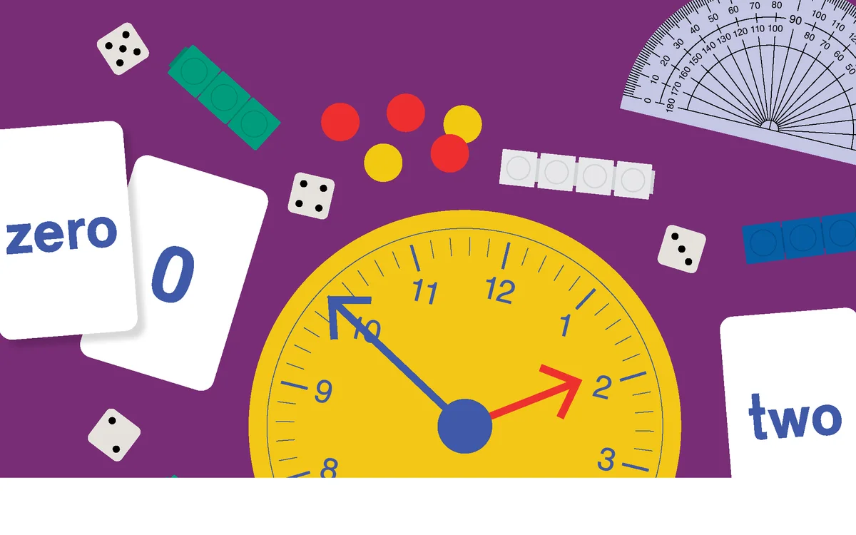 Purple background with illustrations of manipulatives in the Dimensions Math PK–5 Manipulatives Kit