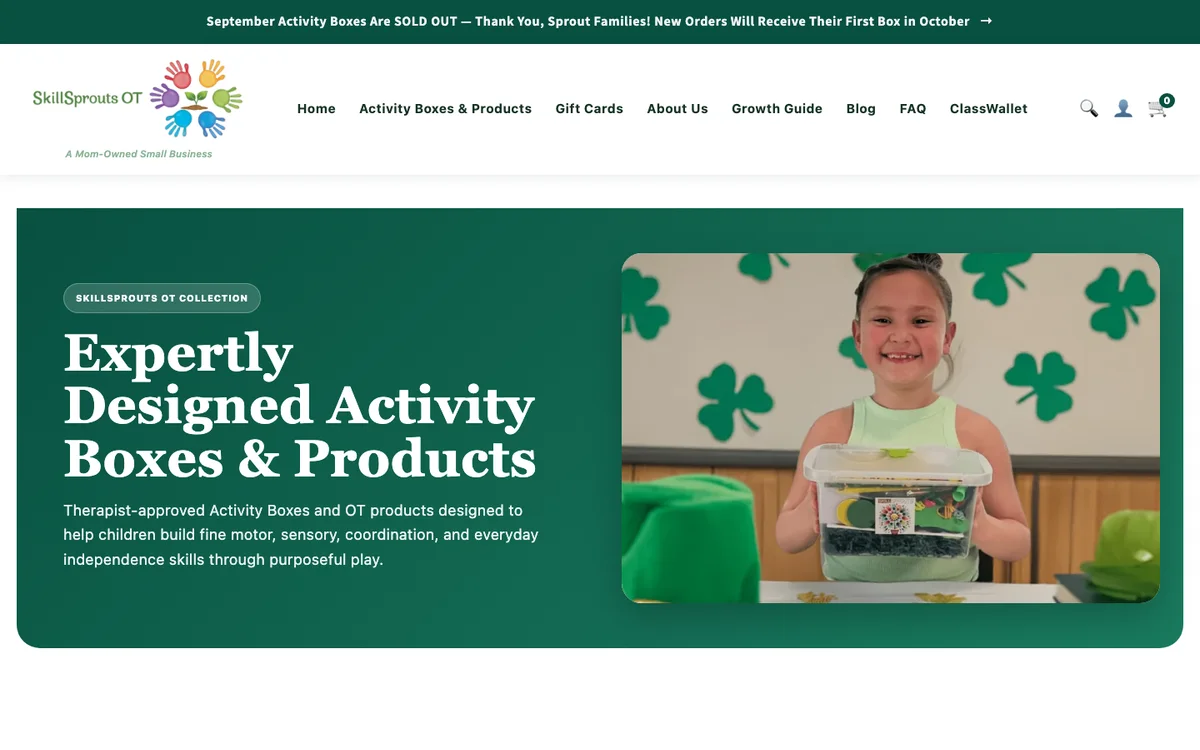 SkillSprouts OT box catalog and current subscription options