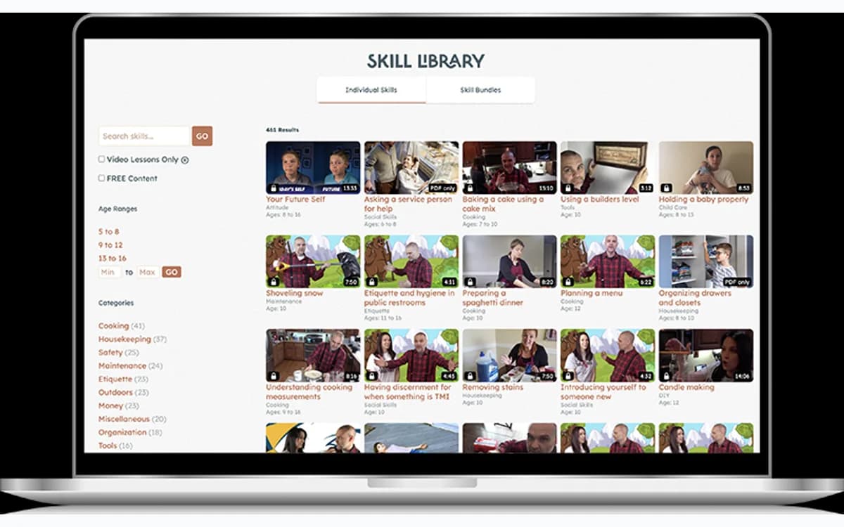 SkillTrek life-skills lesson library on a laptop
