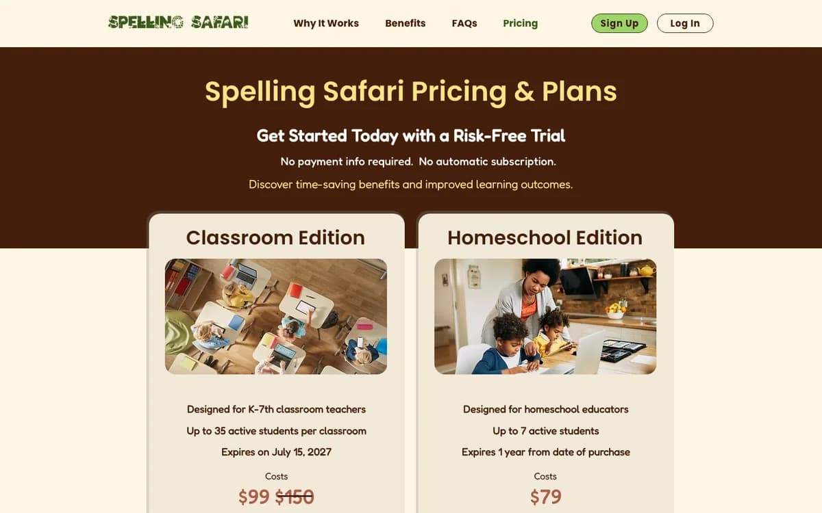 Spelling Safari homeschool family pricing and trial