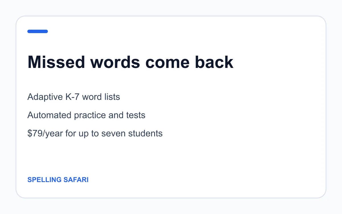 Spelling Safari mastery loop and family plan
