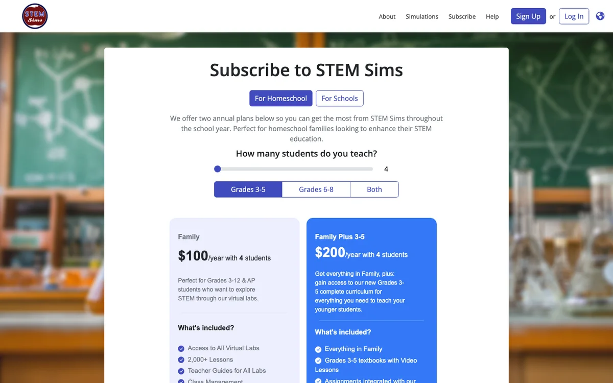 STEM Sims family subscriptions and learner limits