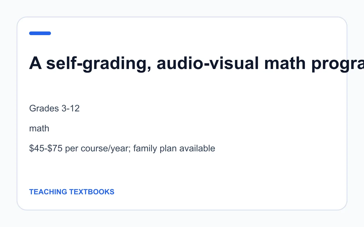 Teaching Textbooks age, subject and pricing summary created by Homeschool Best