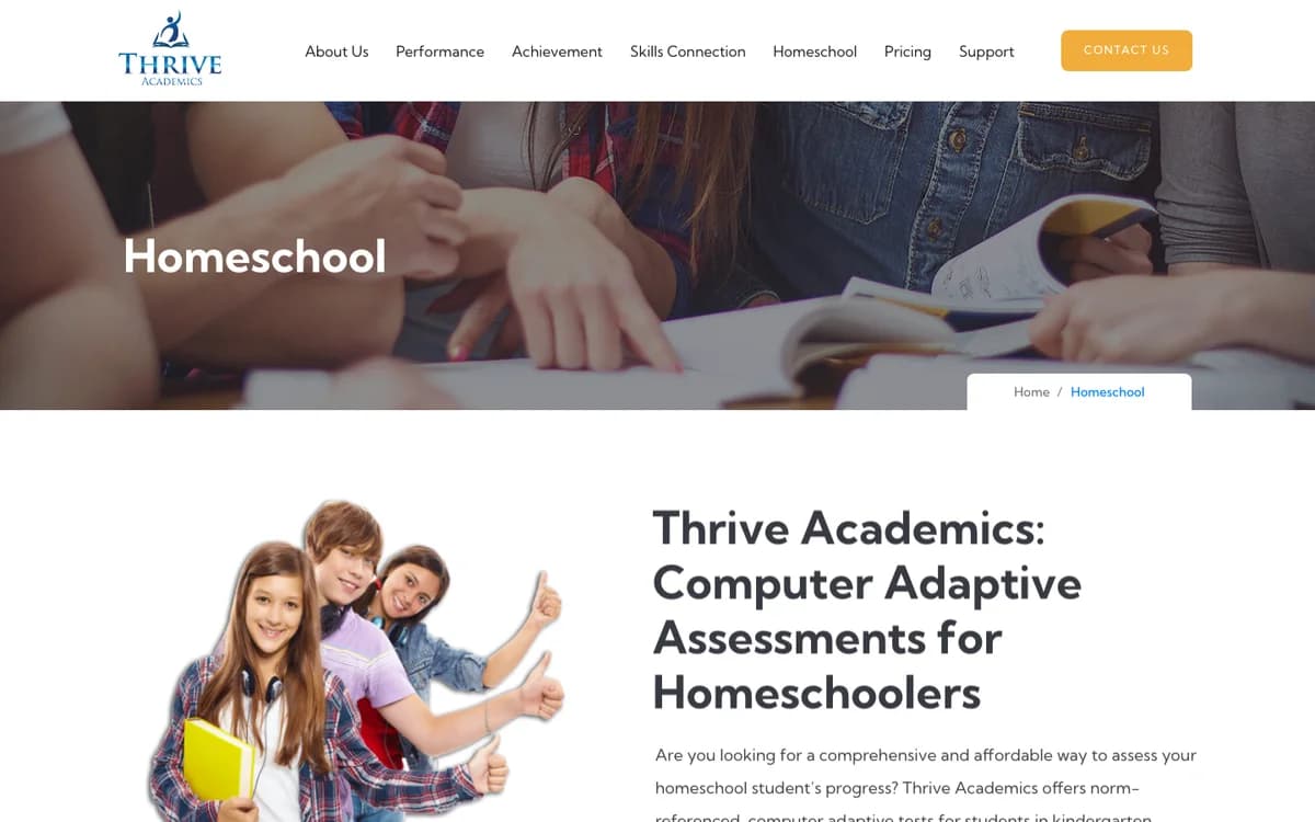 Thrive Academics homeschool adaptive assessment page