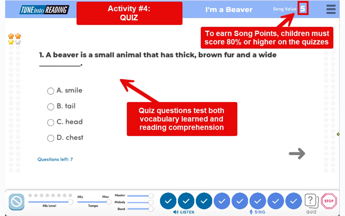 TUNE into READING comprehension quiz activity