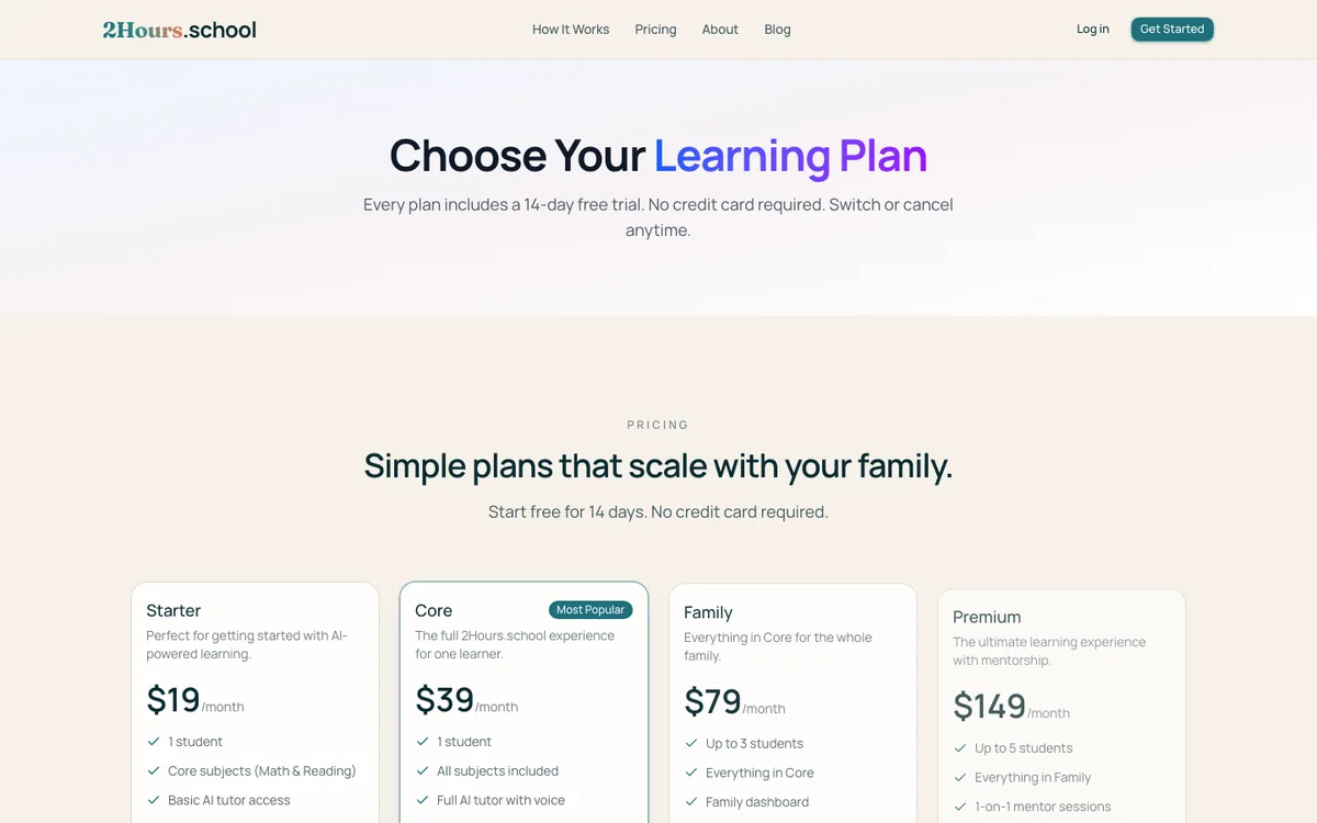 2Hours.school family plans and learner limits