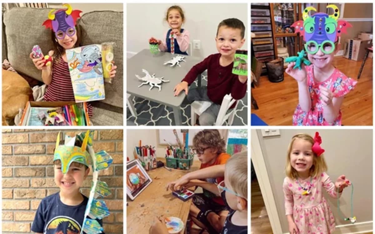 photo grid of multiple happy kids crafting and presenting their finished craft works